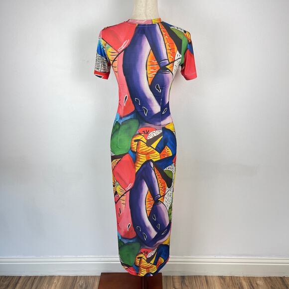 Stella Jean Short Sleeved Midi Dress Corta Colorful Print Stretch Womens 40 US 4 - Picture 4 of 16